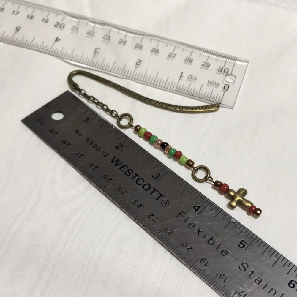 Metal Shepherd's Hook Bookmark w/Chain, Metal Cross Bead, & Glass Seed Beads